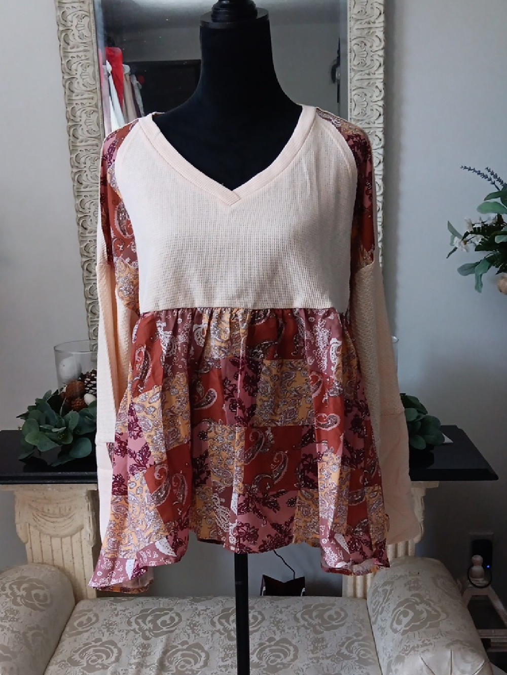 Women’s V-Neck Patchwork Peasant Top in Cream and Rust